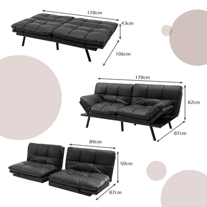 COSTWAY 2/3 Seater Convertible Sofa Bed, Click Clack Sleeper Couch with Reclining Backrest, Adjustable Armrests & 6 Metal Legs, Padded Loveseat for Living Room and Bedroom (PU Leather, Black)