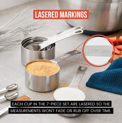 Chef Pomodoro Stainless Steel Measuring Cups, 7-Piece Set, Sturdy Long Handles, Nesting and Stackable, Metal Kitchen Spoons for Wet and Dry Ingredients
