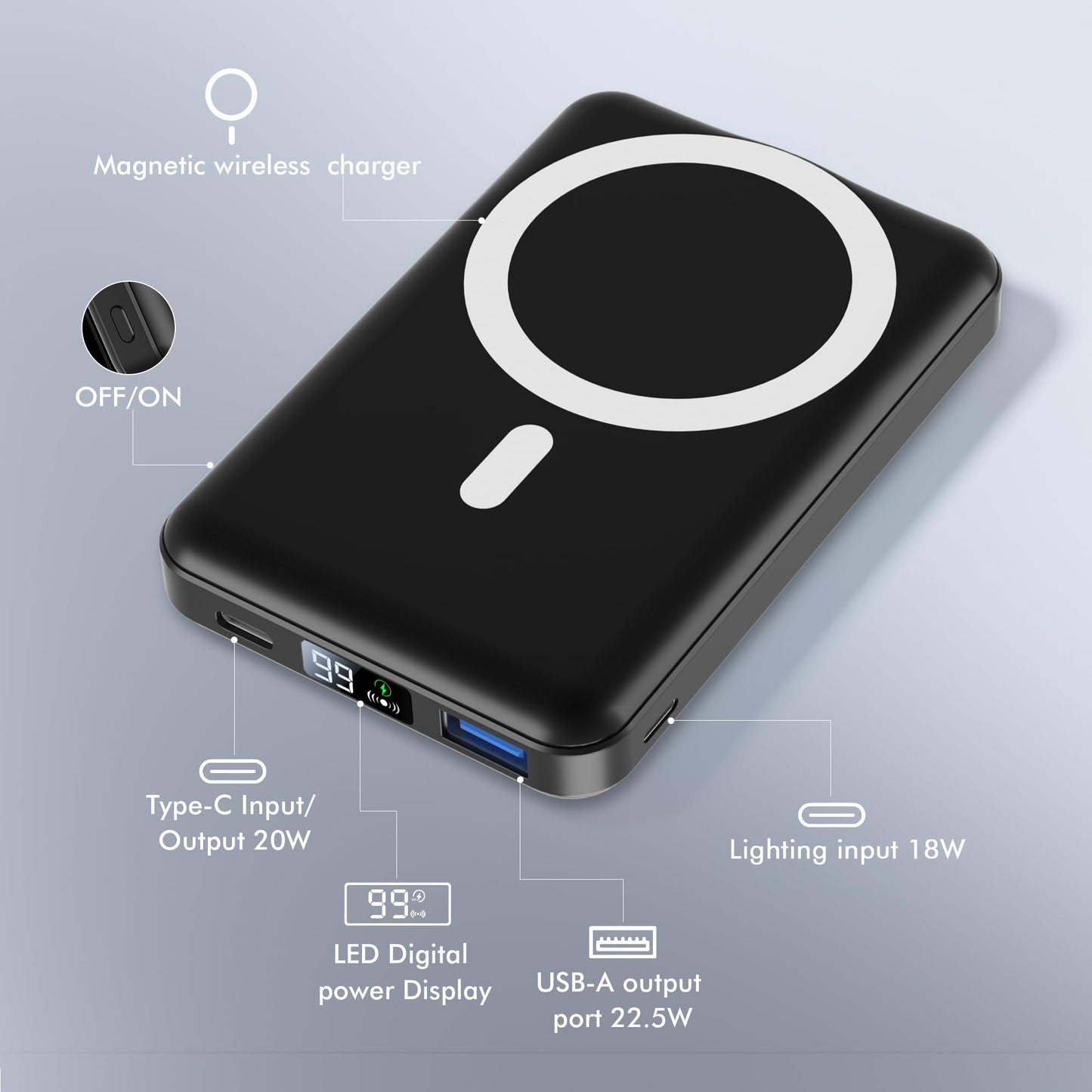 - Magnetic Power Bank | Podoru 10000mAh Foldable Wireless Portable Charger -
