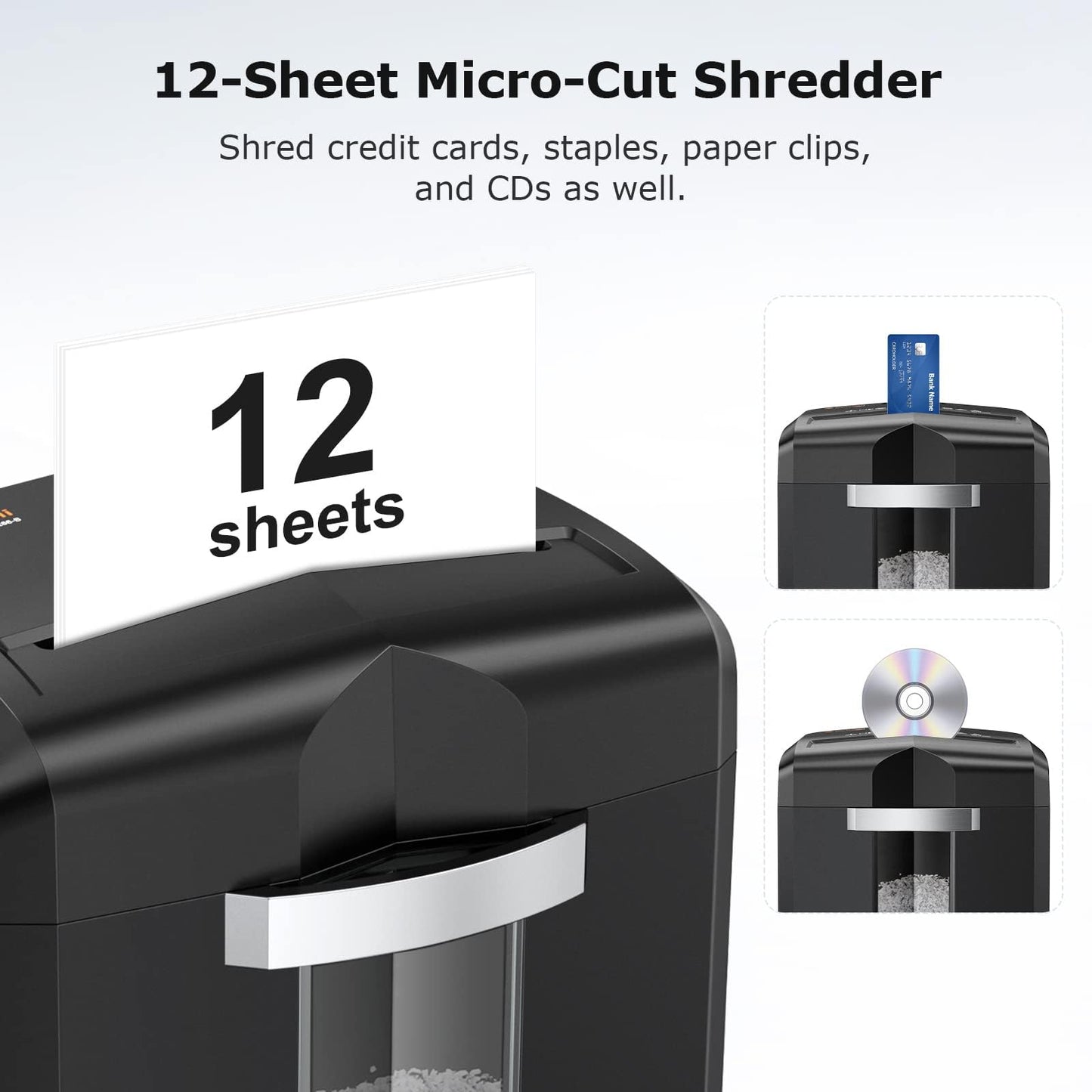Bonsaii 12-Sheet Micro Cut Paper Shredder, Heavy Duty Shredder for Home Office Runs for 60 Mins, Shredders with 4 Casters & 16 Litres Pullout Bin, Shreds CD, Card, Mail, Staple and Clips(C266-B)