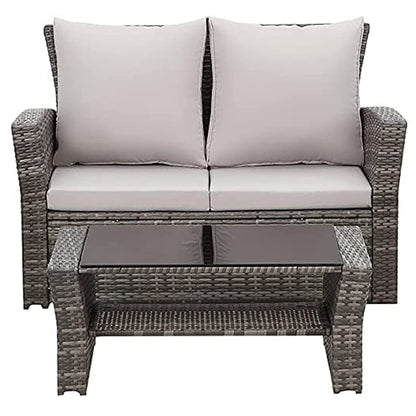 - Mixed Grey Outdoor Rattan Garden Furniture Set | Grey Cushions Luxury 4 Seater Sofa with Chairs and Coffee Table -