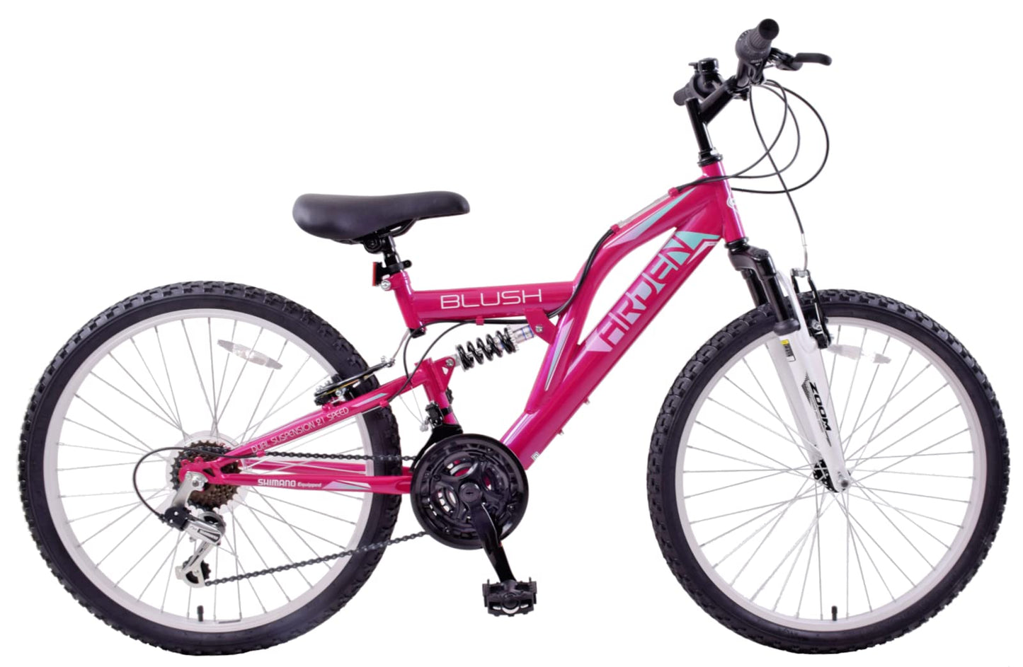 Arden Blush 24" Wheel Girls Kids Mountain Bike Full Dual Suspension 21 Speed 14" Frame Pink Age 8+