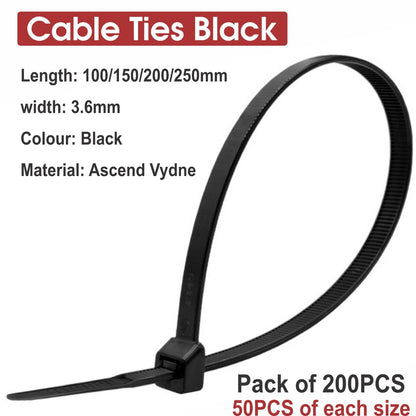 200Pcs Cable Ties Assortment -Mix Black Zip Ties Set with 4 Sizes (100/150/200/250mm) x 3.6mm Heavy Duty Nylon Cable Ties for Wire Management, Black Cable Ties Heavy Duty Zip Ties