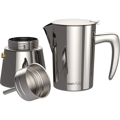 bonVIVO Moka Pot - Intenca, 300ml, Stainless Steel Espresso Maker w/Silver Chrome Finish - Stove Top Italian Coffee Maker - 6 Cup Coffee Pot - Gifts for Men and Women