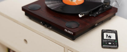 - Vinyl Record Player with Bluetooth In & Out | Premium Cartridge | USB Recording | AUX Input and RCA Output | In-built Stereo Speakers | Slipmat Included | MAJORITY Moto (Walnut) -