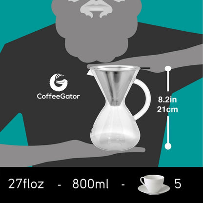 Coffee Gator Pour Over Coffee Maker – Stainless Steel Filter & Glass Dripper - Paperless Hand-Drip Brewer - Eco Friendly - Kitchen & Housewarming Gifts - 800ml