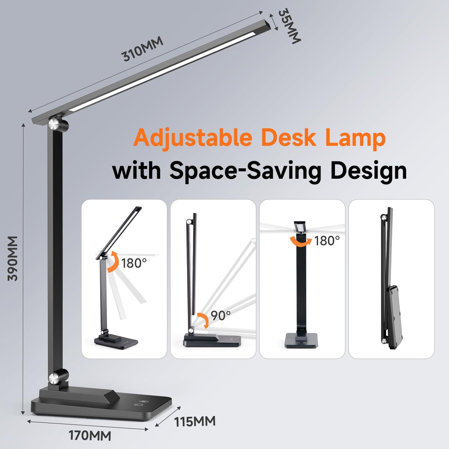 Desk Lamp LED Table Lamp,15 Modes LED Desk Lamp,Dimmable Bedside Lamps with Timer,Multi-Powered Desk Lamps for Study Lamp Reading Light,Adjustable Desk Light,Black Desk Lamp for Bedroom,Home,Office