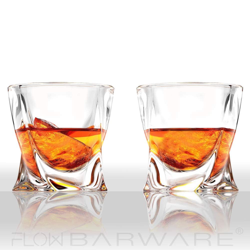 - FLOW Barware Deluxe Whiskey Decanter and Glass Set | Twist Design Decanter Set & 2 Whiskey Glasses with 6 Granite Whiskey Stones | Whisky Decanter Gift Set -