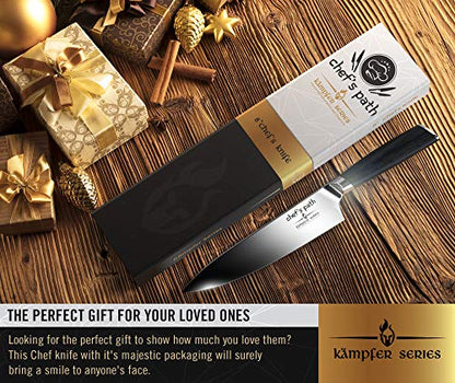 Chef's Path Professional Chef Knife Set - 8" Ultra Sharp Japanese Santoku Kitchen Knife - German High Carbon Stainless Steel Chefs Knife with Sheath & Premium Packaging - Best Value Cooking Knife