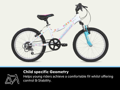 - Schwinn Shade Kids Mountain Bike | 20-Inch Tyres | 12.25-Inch Frame | Front Suspension | 6 Speed Shifters | V-Brakes | Recommended Ages 5 - 8 Years | White -