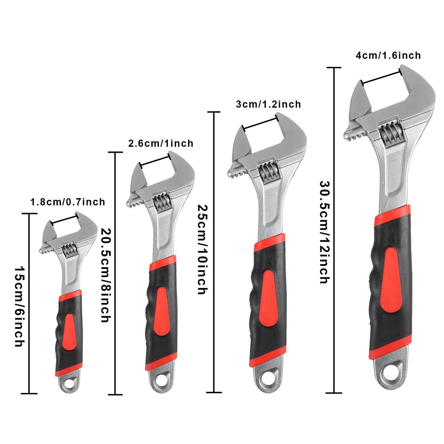 AHAQU 4PCS Adjustable Spanner Set, 4 Sizes Heavy Duty Adjustable Wrench Set Include 6in/8in/10in/12in, Metric & SAE Carbon Steel Shifter Spanners with Soft Grip Handle for Maintenance Repair