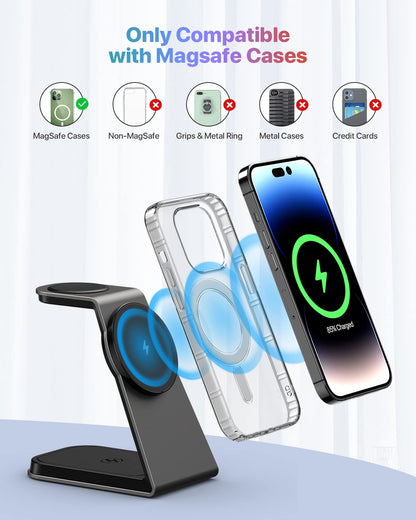 3 in 1 Mag-Safe Wireless Charging Station,Aluminum Alloy Magnetic 18W Fast Charger Stand Compatible with iPhone 15/14/13/12 Series,Apple Watch Series,Airpods 3/2/pro