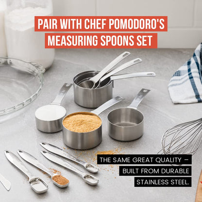 Chef Pomodoro Stainless Steel Measuring Cups, 7-Piece Set, Sturdy Long Handles, Nesting and Stackable, Metal Kitchen Spoons for Wet and Dry Ingredients