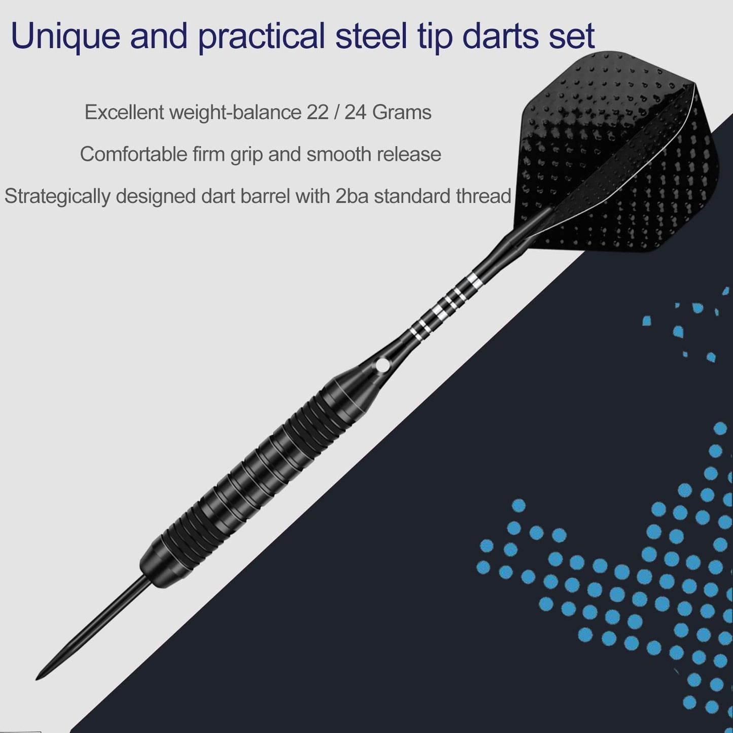 DARTSPACE 12 Pack Steel Tip Darts Set 22 24 Grams, Metal Tip Darts with Premium Black Purple Darts Stem 24 Flights Extra 50 Rubber O-Rings 1 Dart Sharpener Tool Kit for Dart Board