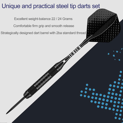 DARTSPACE 12 Pack Steel Tip Darts Set 22 24 Grams, Metal Tip Darts with Premium Black Purple Darts Stem 24 Flights Extra 50 Rubber O-Rings 1 Dart Sharpener Tool Kit for Dart Board