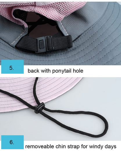 Children Wide Brim Bucket Hat 3-8 Years Girls Ponytail Sun Hat Boys Mesh Cool Hat Anti UV Sun Protection Hat with Strap Kids Holiday Beach Hat Cycling Hiking Summer Hat Outdoor Sun Visor Cap