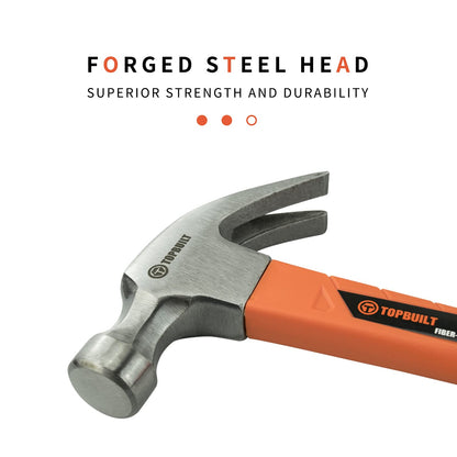 - T TOPBUILT | Curved Claw Hammer | 20oz | Forged Steel and Fiberglass Shock Resistant Non Slip Handle -