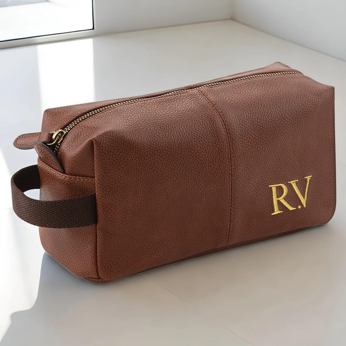 - Personalised Embroidered Men's Leather Wash Bag with Strap -
