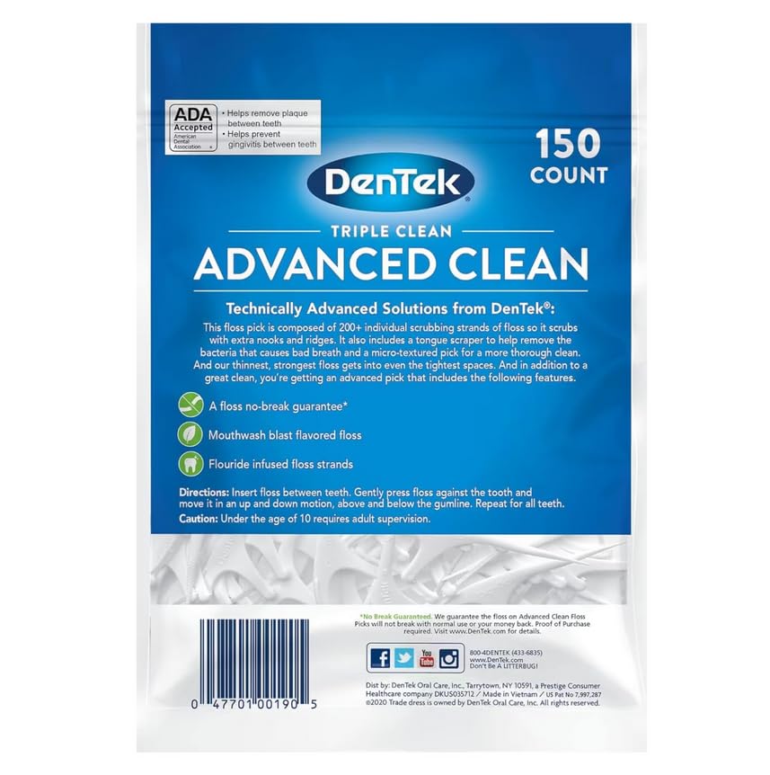 DenTek Triple Clean Mint Flavoured and Fluoride coated Advanced Dental Floss Picks with 3 cleaning actions - 150 Pack