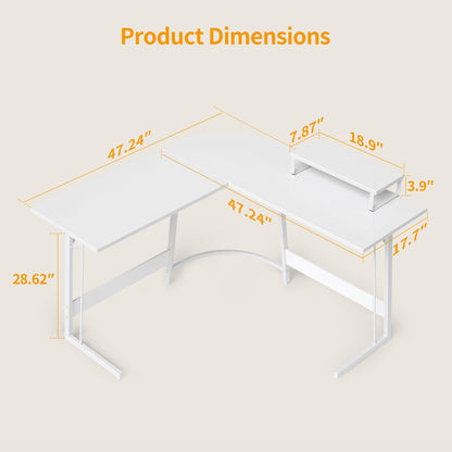 CubiCubi L Shaped Gaming Desk Computer Office Desk, 120 cm Corner Desk with Large Monitor Stand for Home Office Study Writing Workstation, White