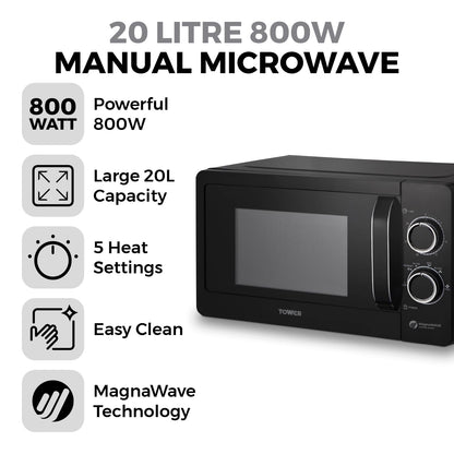 - Tower T24042BLK Manual Microwave | Sleek Mirror Door | 800W -