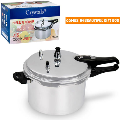 7.5 Litre Dual Handle Pressure Cooker for Kitchen & Catering, Aluminium + Stainless Steel, Suitable for all Hob Types Including Induction Hob - Silver