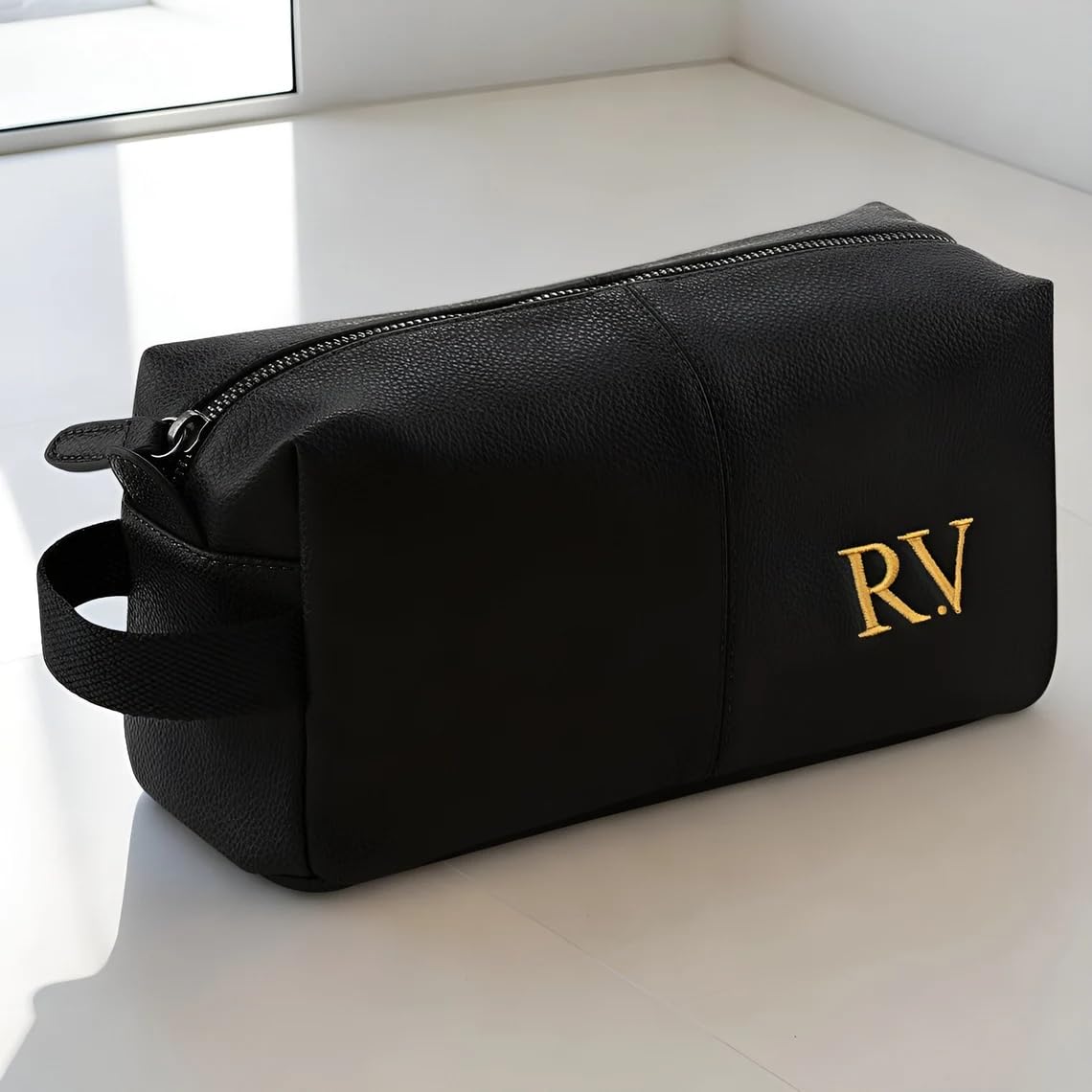 - Personalised Embroidered Men's Leather Wash Bag with Strap -