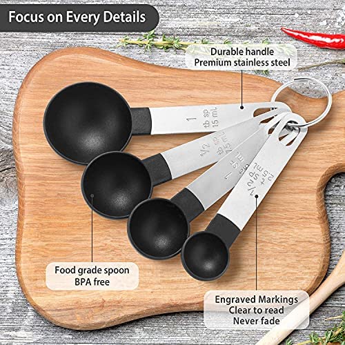 8 Pcs Measuring Cups and Spoons Set, Stackable Stainless Steel Handle Accurate Tablespoon for Measuring Dry and Liquid Ingredients Small Teaspoon with Plastic Head (Black)