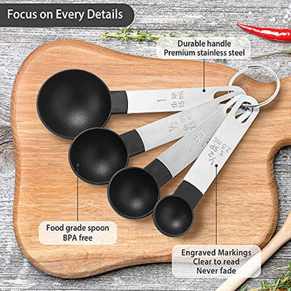 8 Pcs Measuring Cups and Spoons Set, Stackable Stainless Steel Handle Accurate Tablespoon for Measuring Dry and Liquid Ingredients Small Teaspoon with Plastic Head (Black)