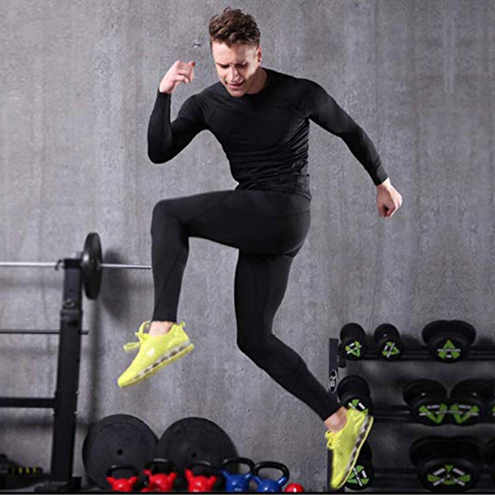 BUYKUD Men's Long Sleeve Base Layer Compression Athletic Underwear Shirt Tights Top & Bottom Set, L(69-71 inch,154-176lb), Black
