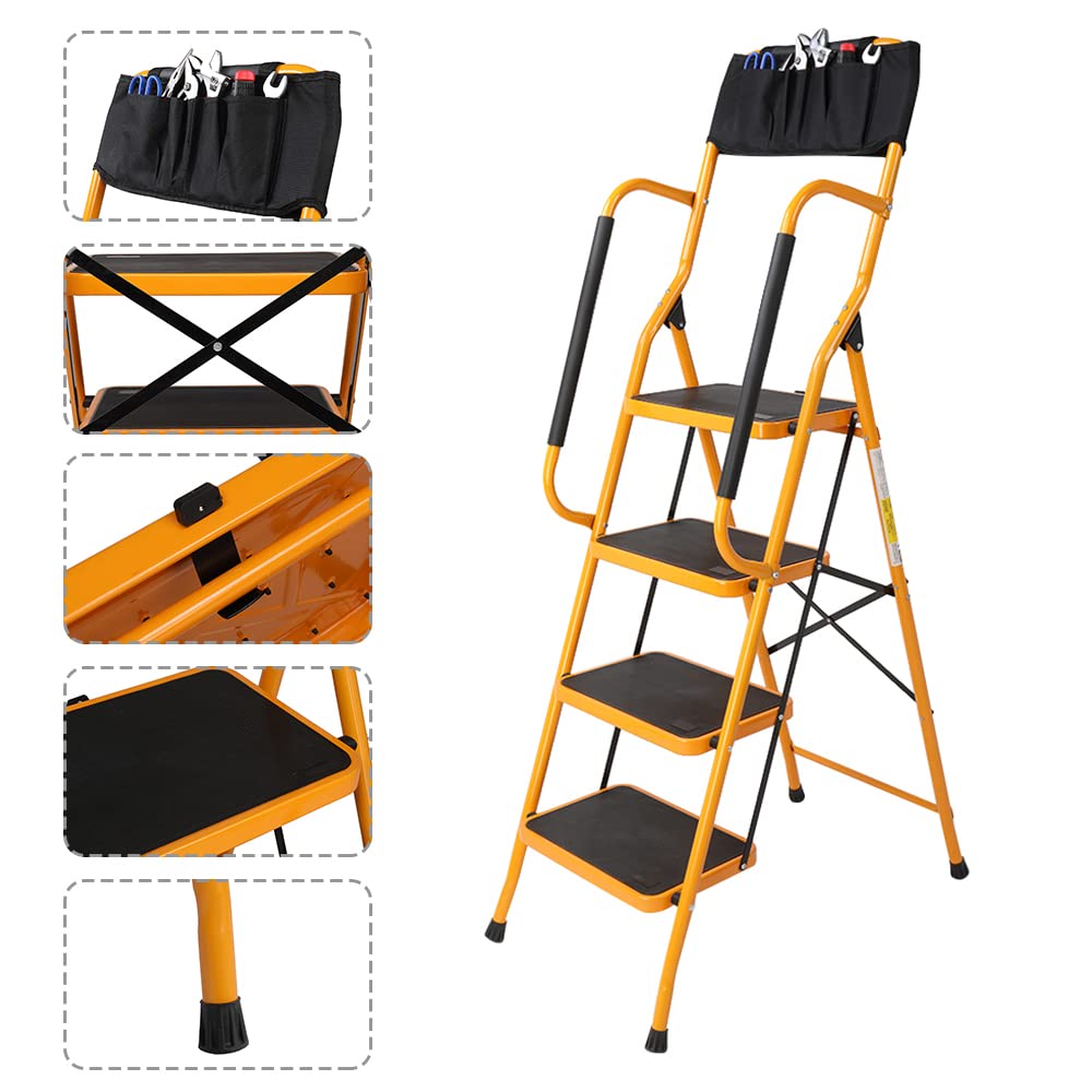 - Karlhome 4-Step Folding DIY Step Ladder With Safety Handrail & Toolbag | 150kg Capacity -