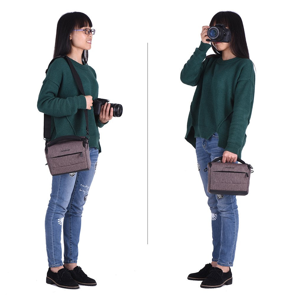 Andoer DSLR Camera Shoulder Bag, Cuboid-Shaped Portable Fashion Polyester Camera Case for Canon Nikon Sony FujiFilm Olympus Panasonic (Brown)