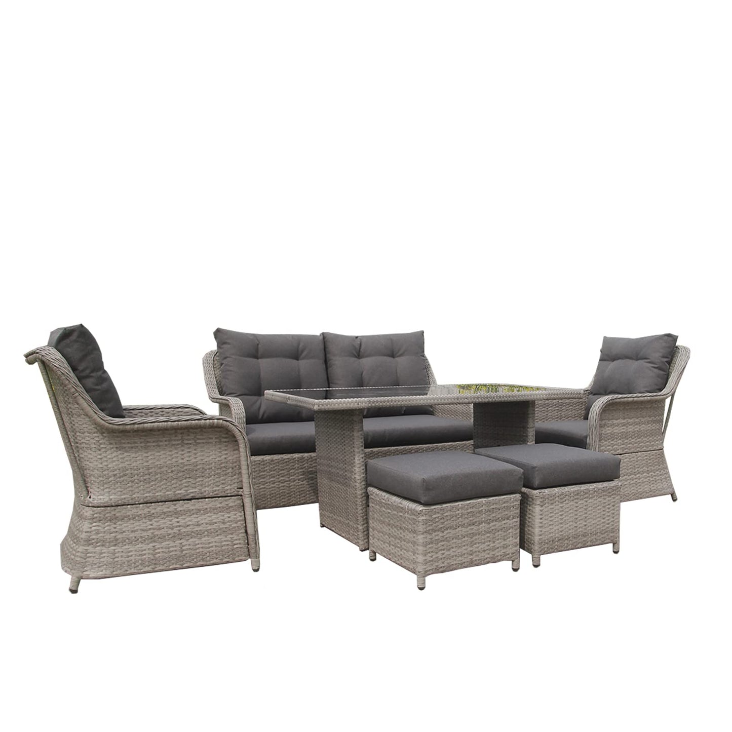 Chusstang Garden Rattan Sofa Set 6 Seaters, Patio Sofa Dining Table Set, Aluminum Frame Wicker Weave Furniture Set, Included Dining Table+Loveseat+ 2 Armchair+2 Stool -Gray