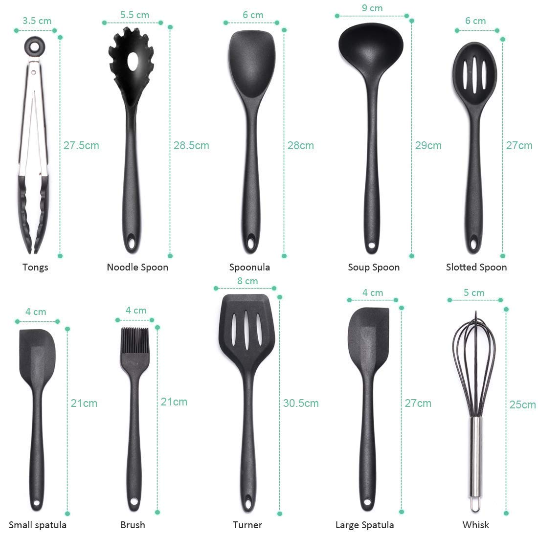 - 10-Piece Silicone Kitchen Utensil Set - Non-Stick, Heat Resistant Cooking Utensils Set of Spatula, Turner, Spoons, Tong, Oil Brush and Whisk (Black)