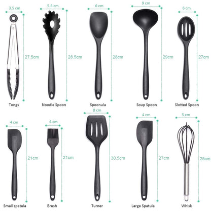 - 10-Piece Silicone Kitchen Utensil Set - Non-Stick, Heat Resistant Cooking Utensils Set of Spatula, Turner, Spoons, Tong, Oil Brush and Whisk (Black)