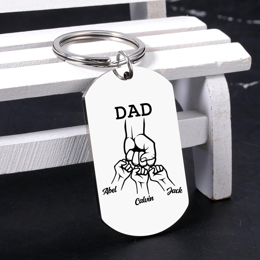 Dad Keyring Personalised with Names Photo Engraved Fathers Day keychain from Son and Daughter Gift for Christmas Birthday (3 names)