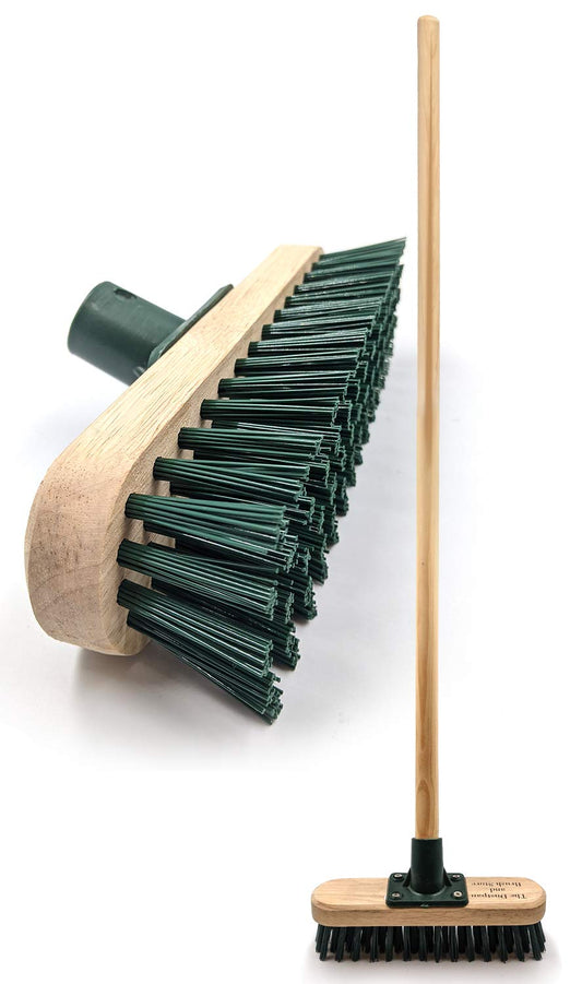 9" Stiff Heavy Duty Long Handled Scrubbing Brush Deck Broom with Wooden Handle PVC Bristles