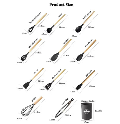 12 - Piece Silicone Cooking Utensils Set with Wooden Handle, Dishwasher Safe, Heat Resistant, Nonstick Cookware Tongs Spatula Spoon Set, Best Kitchen Tools (Black)