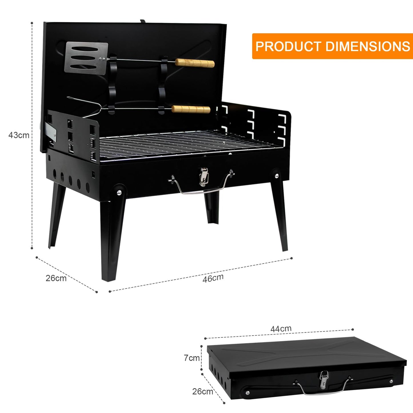 Crystals Portable BBQ Charcoal Grill - Folding Small Travel BBQ Grill with Tool Set - Mini Foldable Stainless Steel BBQ Grill for Camping, Garden, Picnic, Outdoor - Black