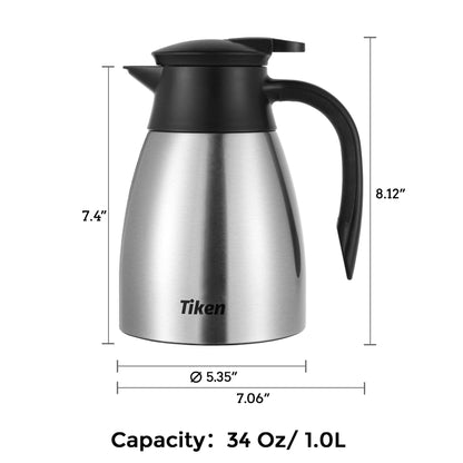 - Tiken 1L Thermal Coffee Carafe Jug | Stainless Steel | Insulated Vacuum Coffee Pot -