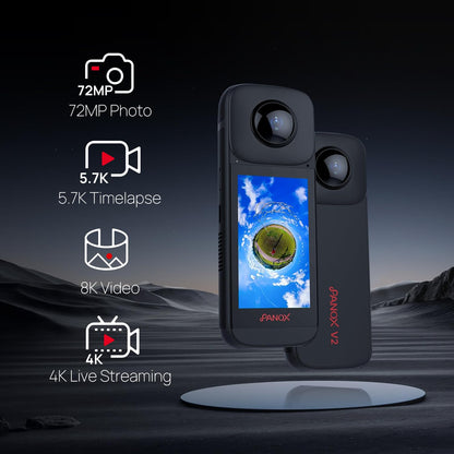 - PANOX V2 360 Vlog Camera with 1/2" 48MP Sensors | 5.7K 360 Video | 72MP 360 Photo -
