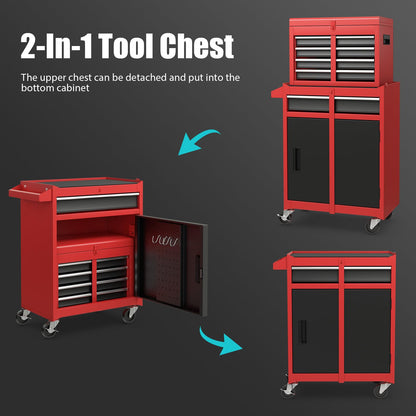 COSTWAY Large Rolling Tool Cabinet, 2-in-1 Detachable Metal Tool Chest with Drawers, Wheel, Handle, Hooks & Pegboard, Lockable Tool Box Trolley for Garage Workshop (with Adjustable Shelf, Red+Black)