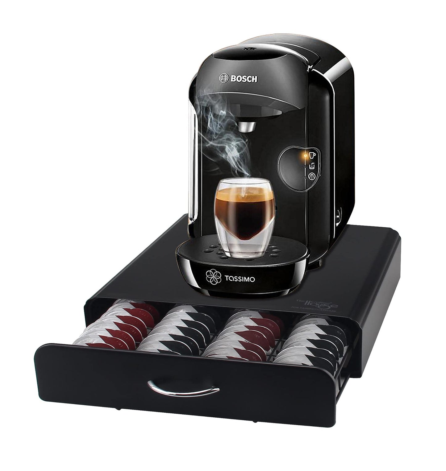 - Ever Rich ® Tassimo Pod Holder | 64pcs | T-Disc Coffee Capsules | Bosch Tassimo Stand & Pod Storage Drawer | Anti-Vibration Design I Comes With a Micro Fiber Cleaning Cloth (Metal/Black) (64) -