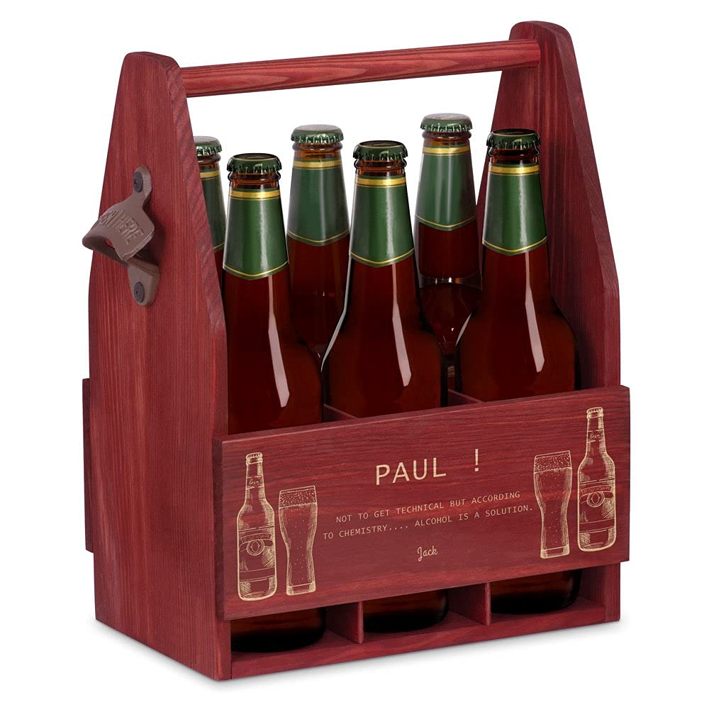 - Maverton Wooden Beer Crate with Handle | Engraved 6-Pack Bottle Carrier -