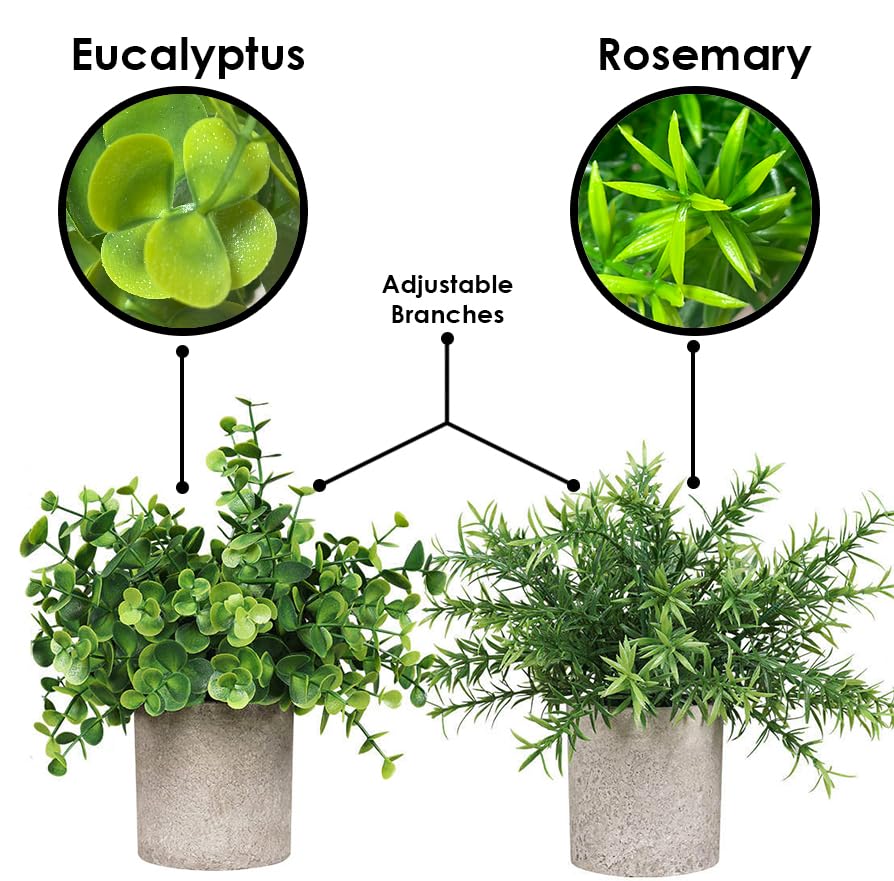 AlMuflihoon Set of 4 Artificial Plants Potted Fake Mini Faux Plant Foliage Eucalyptus Rosemary Succulents for Room Decor Home Kitchen Garden Office Indoor and Outdoor Decoration