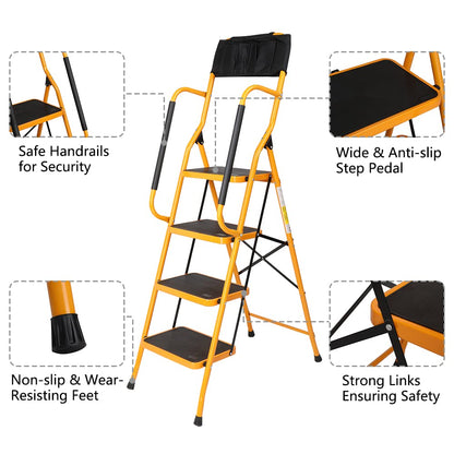 - Karlhome 4-Step Folding DIY Step Ladder With Safety Handrail & Toolbag | 150kg Capacity -