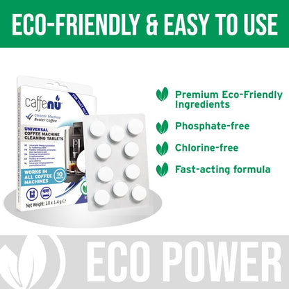 Caffenu | Coffee Machine Cleaner Tablets | 10 x 1.4g Tablets | Use every 100 cups | Auto, Filter & Espresso Machine Cleaning Tablets | used with Descaling