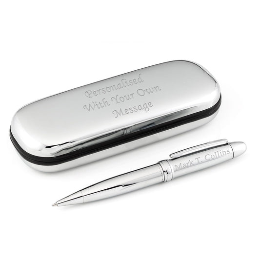 - EIO Gifts Personalised Pen | BallPoint Silver Pen in Chrome Case | Engraved -
