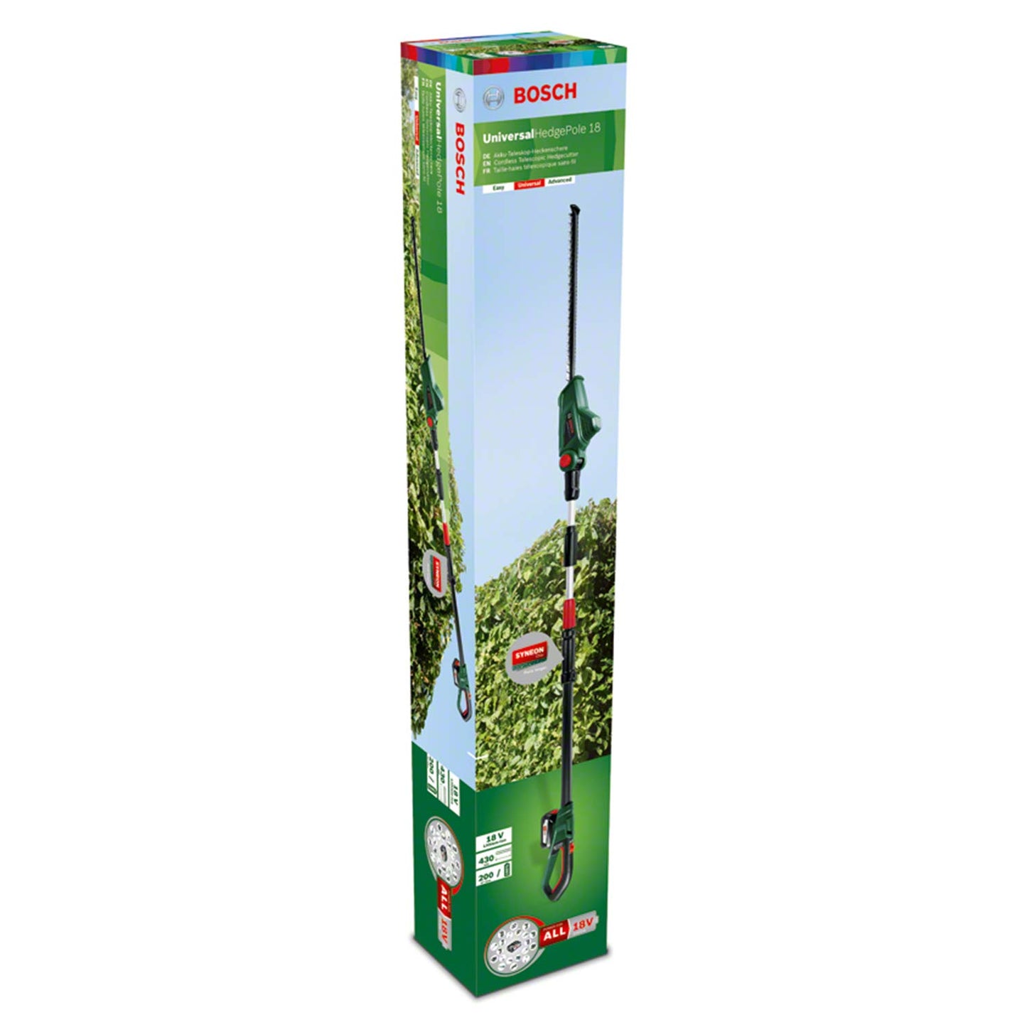 Bosch Lawn and Garden 06008B3070 Cordless Telescopic Hedge Trimmer UniversalHedgePole 18 (1 Battery, 18 Volt System in Cardboard Box), Green