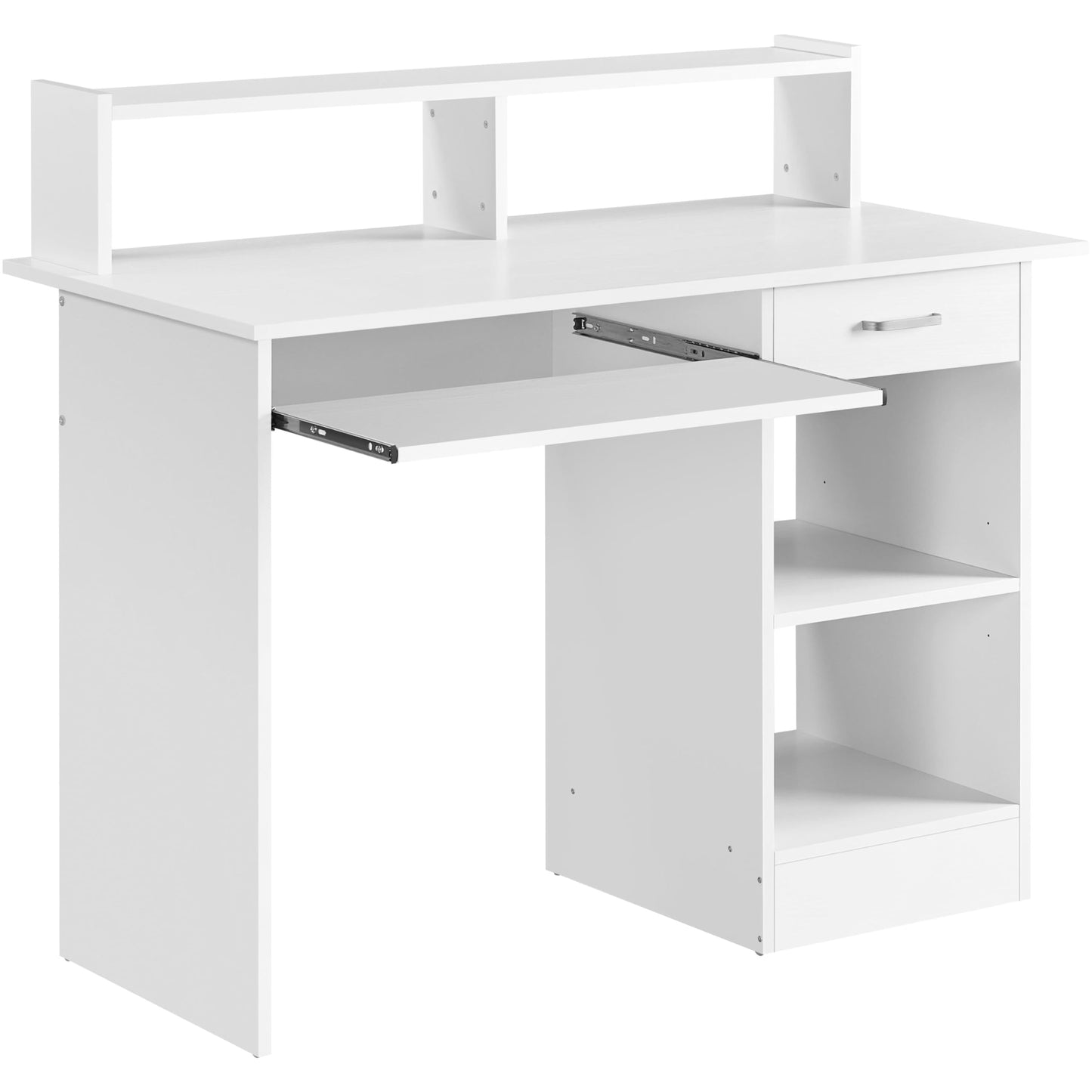 - Yaheetech 106x50x94cm Computer Desk with Storage Shelves/Keyboard Tray/Drawer/ for Home Office in White.